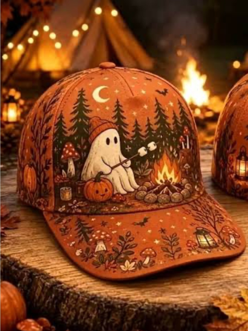 #3153*Unisex’s Halloween Campfire Ghost Baseball Cap - Orange